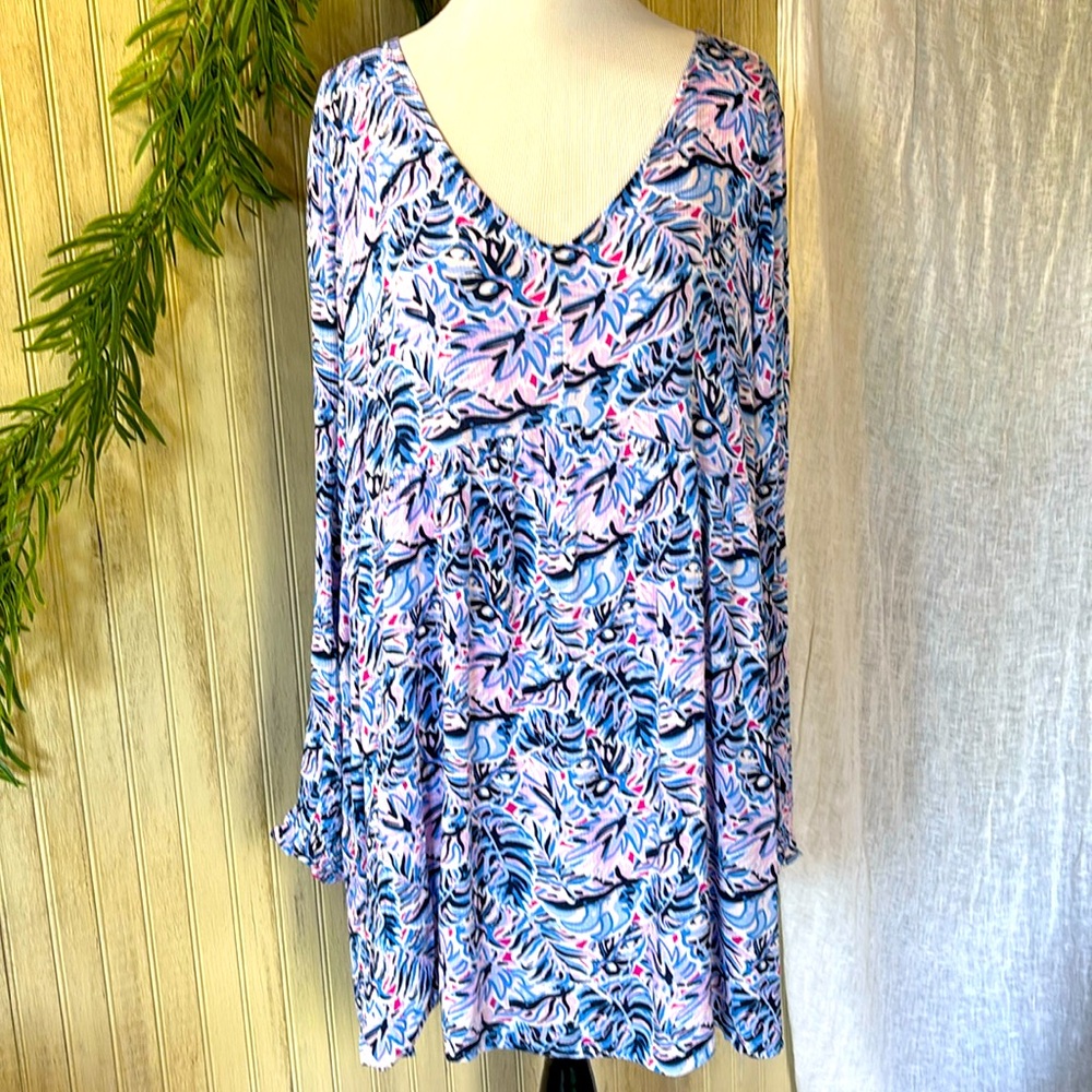 Simply Southern Baby Doll Dress, Hi-Low Waist, Size XL, EUC, Crinkle Tropic Leaf